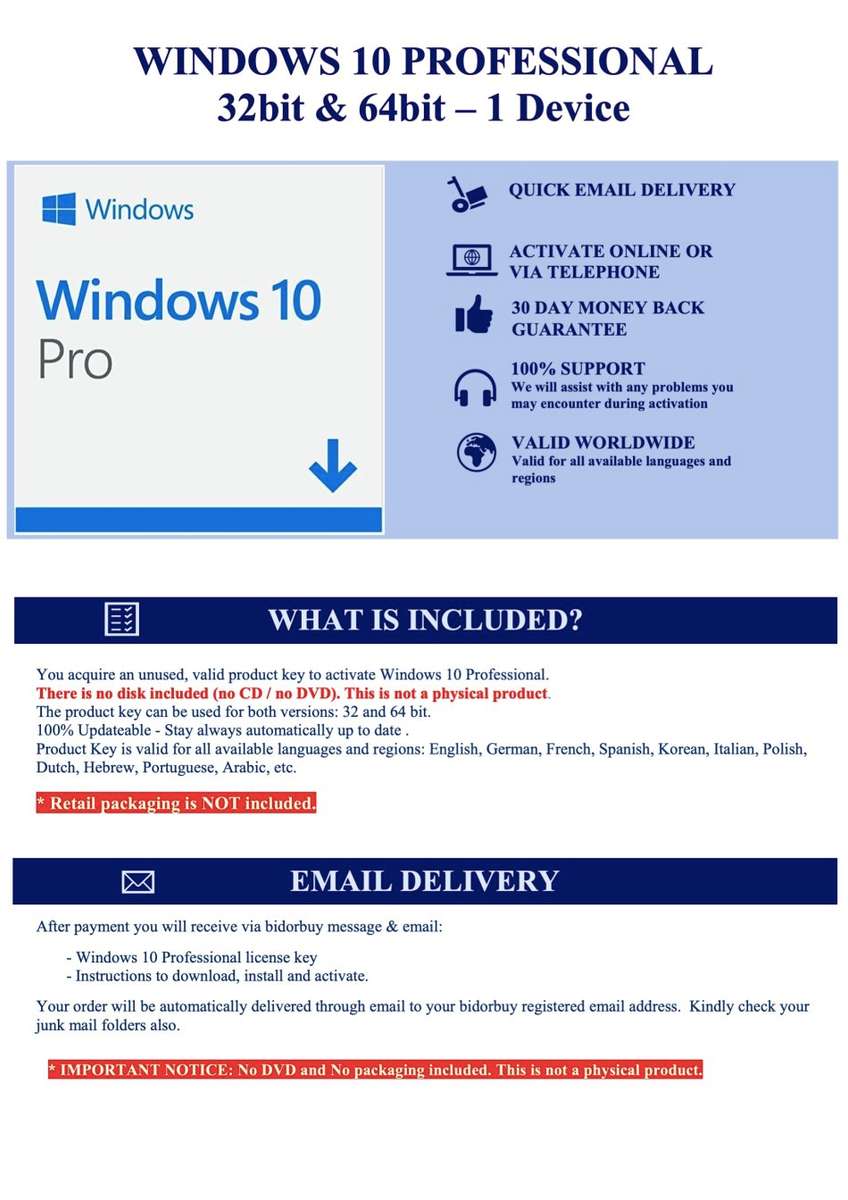 Microsoft Windows 10 Professional 32/64bit ##Special - Genuine Lifetime License