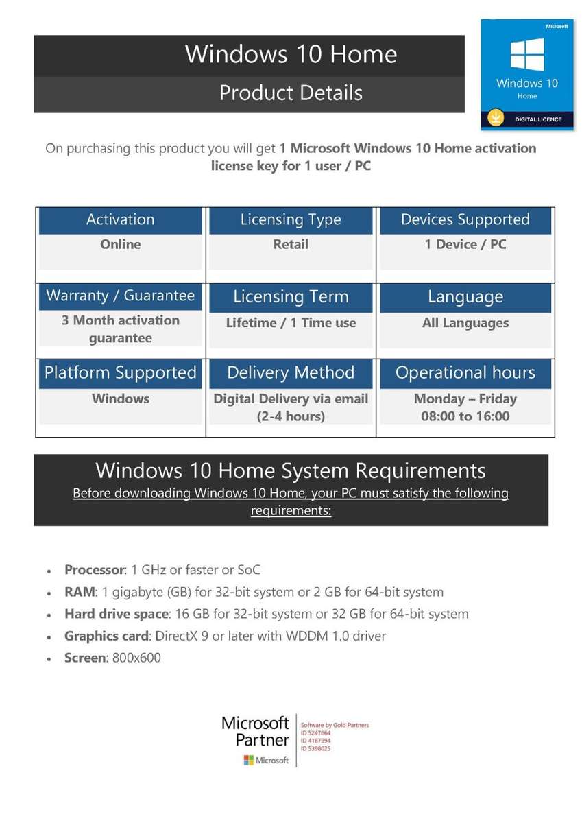 Microsoft Windows 10 Home |  1 PC activation key