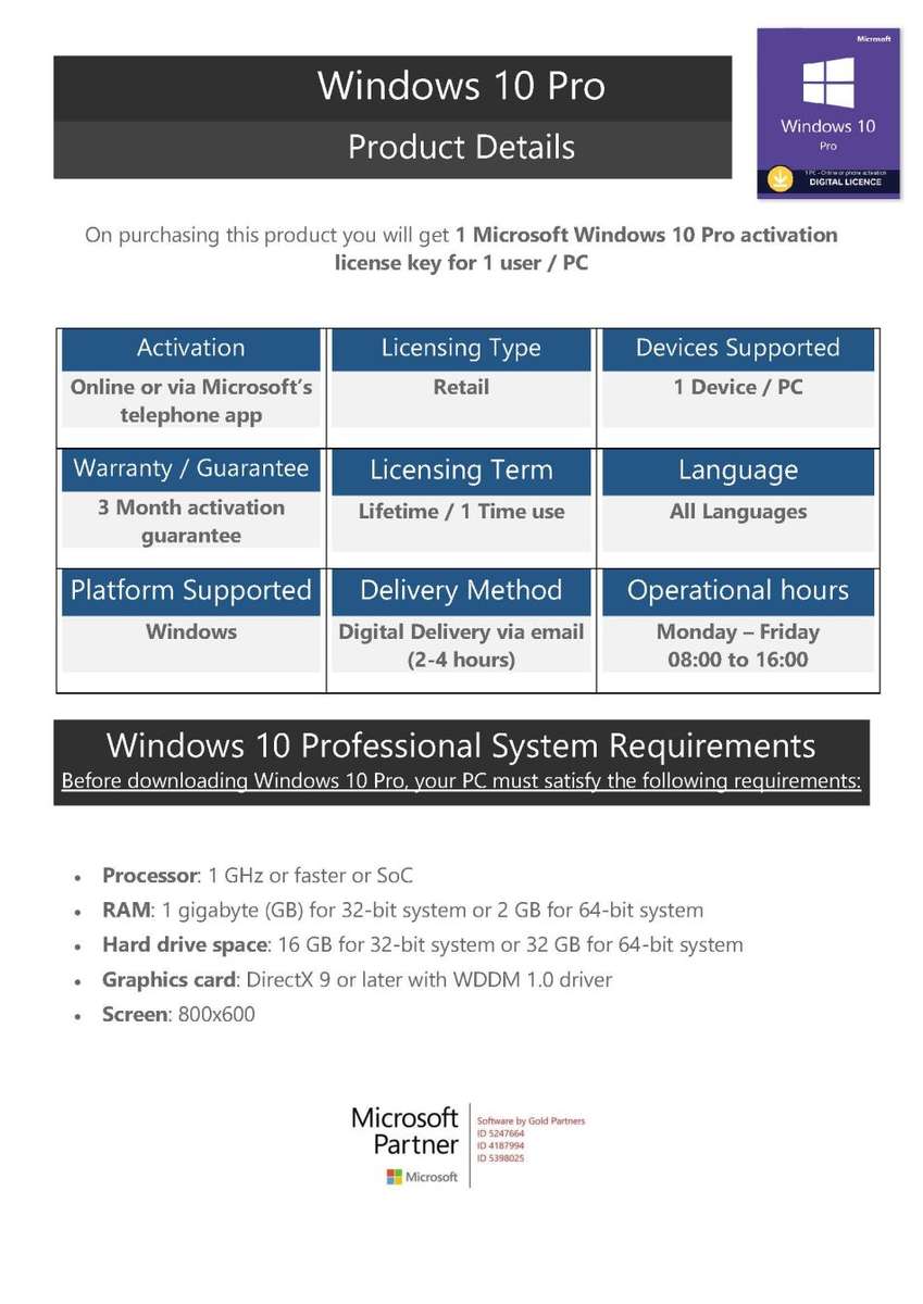 Windows 10 Professional | 1 PC activation key | Online or telephone app