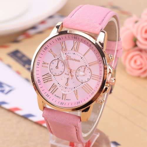 Women Faux Leather  Stylish Geneva Roman Numerals Analog Quartz Wrist Watch