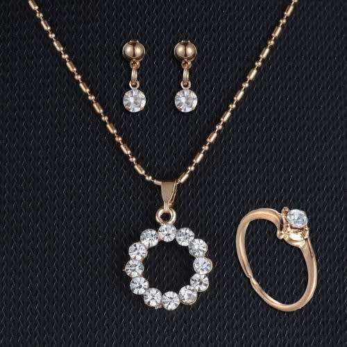 New Bridal Wedding Jewelry Gold Rhinestone Crystal Necklace Earrings Ring Set
