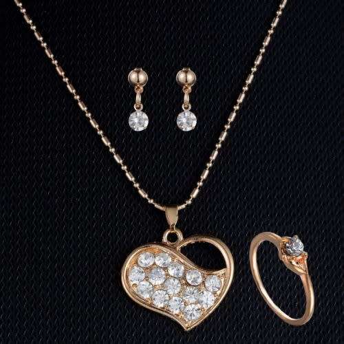 New Bridal Wedding Jewelry Gold Rhinestone Crystal Necklace Earrings Ring Set