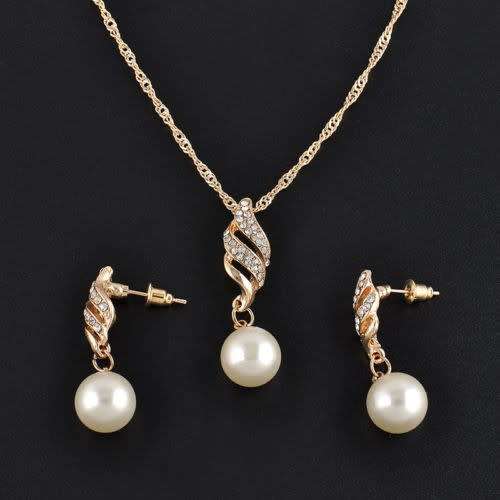 Gold Plated Necklace Crystal Pearl Earrings Set