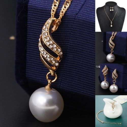 Gold Plated Necklace Crystal Pearl Earrings Set