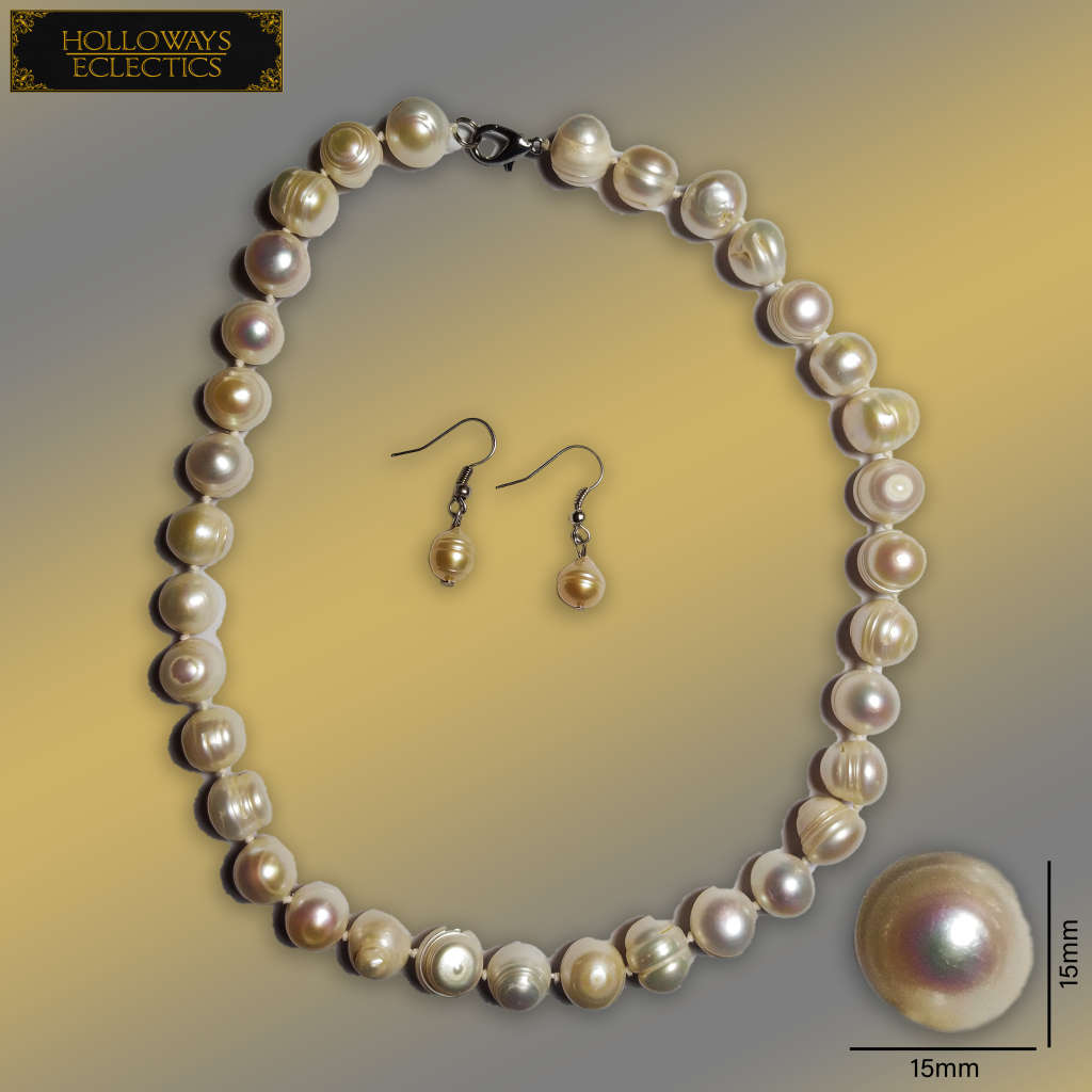 Huge 15mm Pearl Necklace With Earrings Set