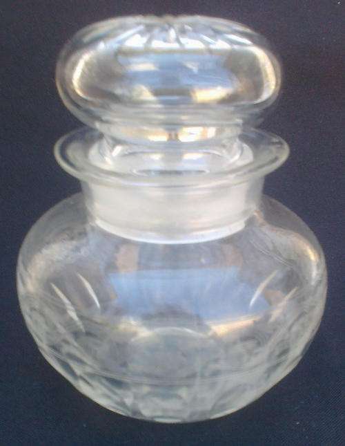 ROUND GLASS JAR WITH GLASS STOPPER - beautiful engraving on jar!