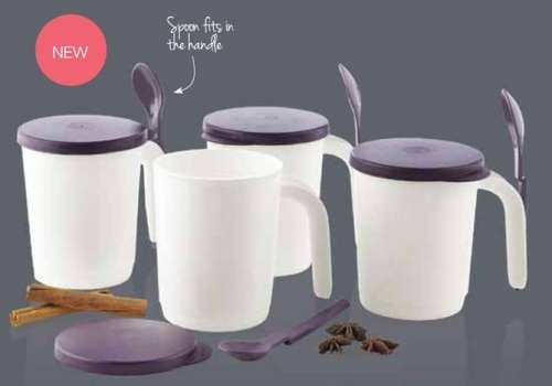 Tupperware Illumina Mugs with Liquid tight Seals 350ml x 4 & FREE HANG ON SPOONS