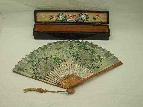 Lacquered Chinese Fan Box with Fan