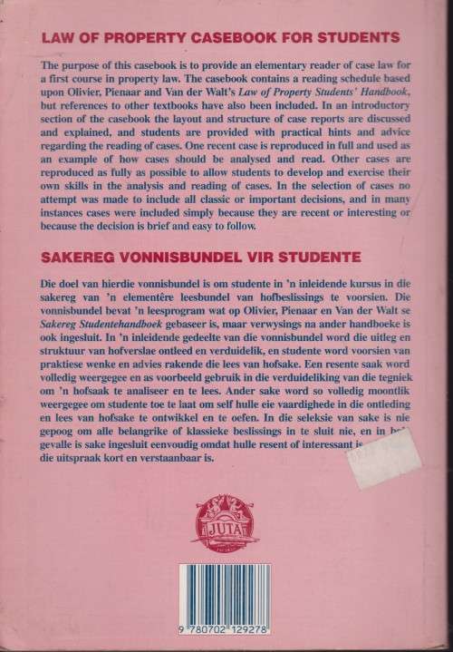 Law of Property Casebook for Students/ Sakereg Vonnisbundel V-soft cover book in very good condition