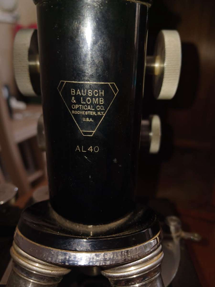 Vintage Bausch and Lomb AL40 Optical Co. Microscope US Pat 2,093,611 in wooden case