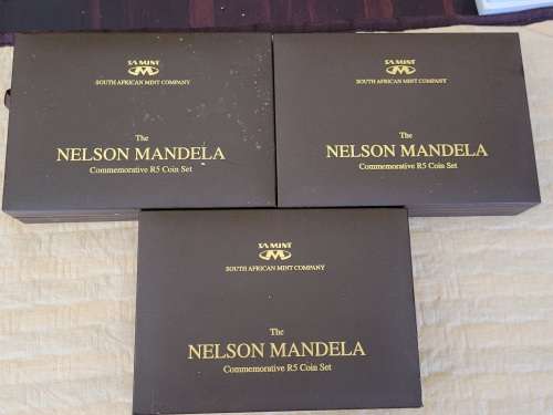 Bargain ! 3 sets of Mandela uncirculated, boxed R5 coins.