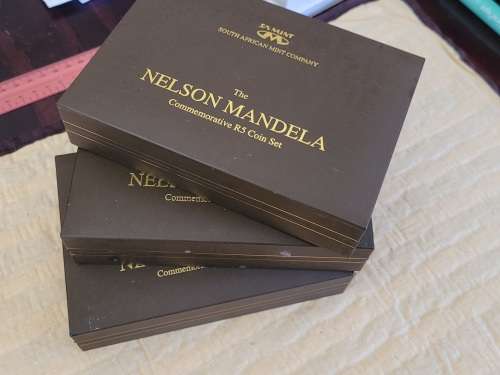 Bargain ! 3 sets of Mandela uncirculated, boxed R5 coins.