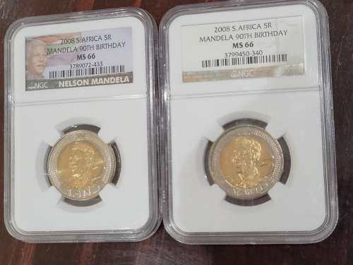 2 x Mandela graded, encapsulated R5 coins.