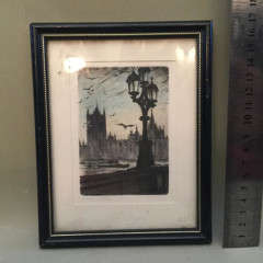 Framed Small Etch of Wesminster Abbey at Night Fall