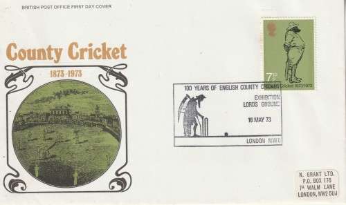 GB FDC 1973 The 100th Anniversary of the British County Cricket SPECIAL HAND CANCEL