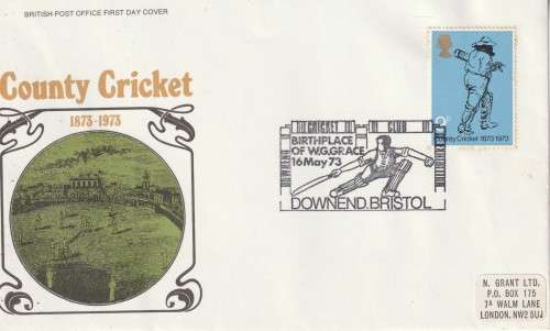 GB FDC 1973 The 100th Anniversary of the British County Cricket SPECIAL HAND CANCEL