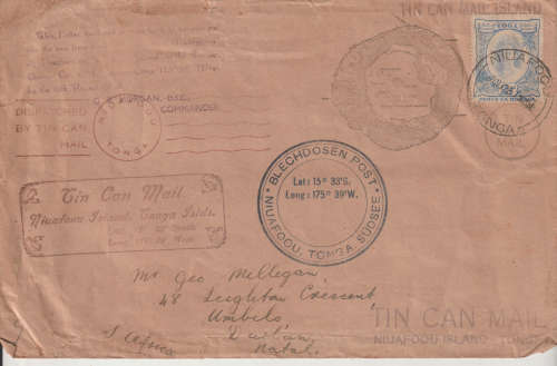 TOGA TIN CAN MAIL COVER 1938 RARE ITEM