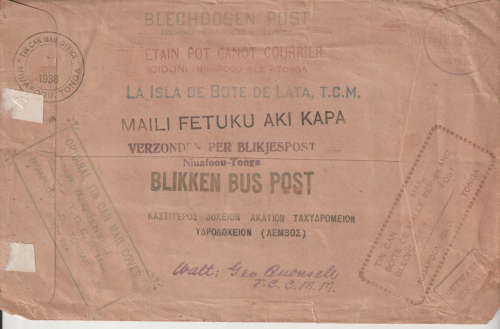 TOGA TIN CAN MAIL COVER 1938 RARE ITEM