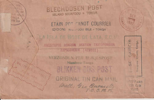 TOGA TIN CAN MAIL COVER 1937 RARE ITEM