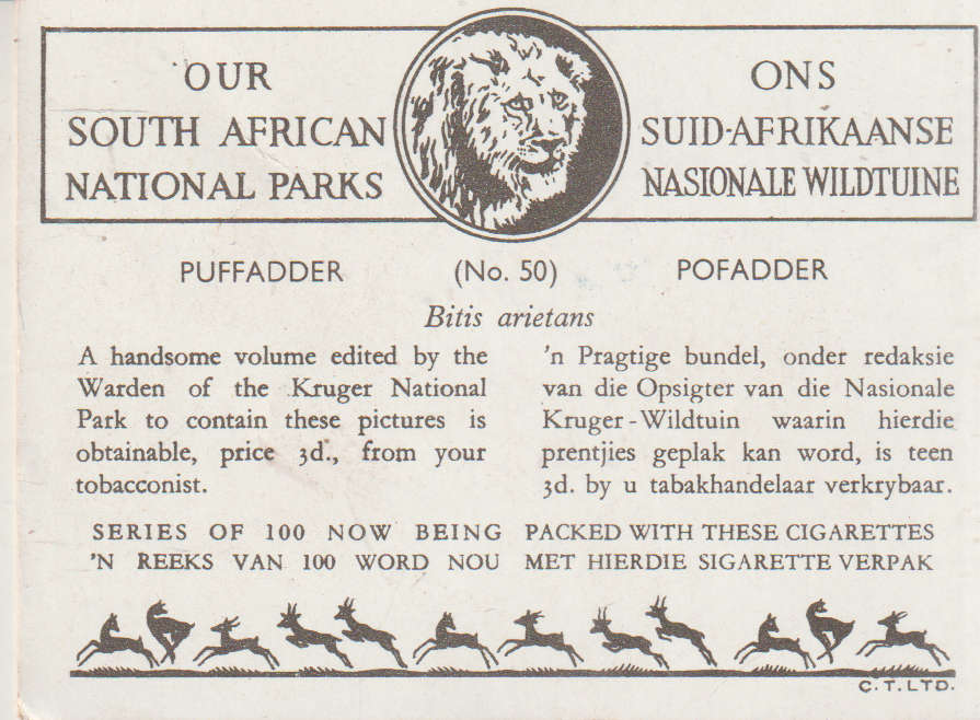 CIGARETTE CARD OUR SOUTH AFRICAN NATIONAL PARKS NO 50