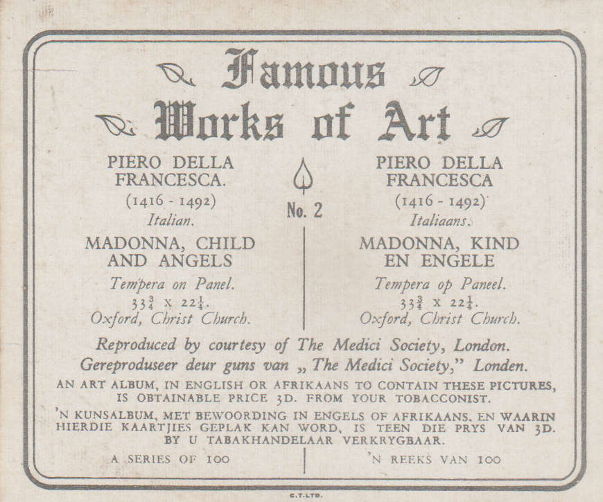 CIGARETTE CARD FAMOUS WORKS OF ART NO 2