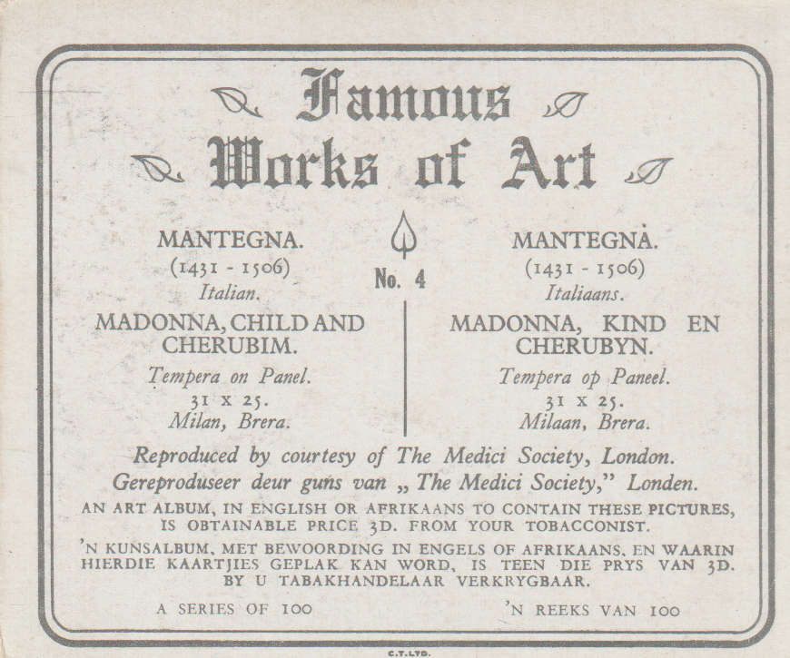 CIGARETTE CARD FAMOUS WORKS OF ART NO 4