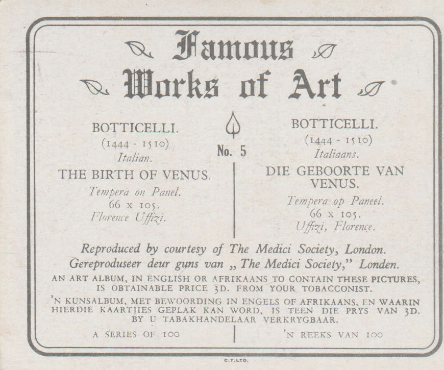 CIGARETTE CARD FAMOUS WORKS OF ART NO 5