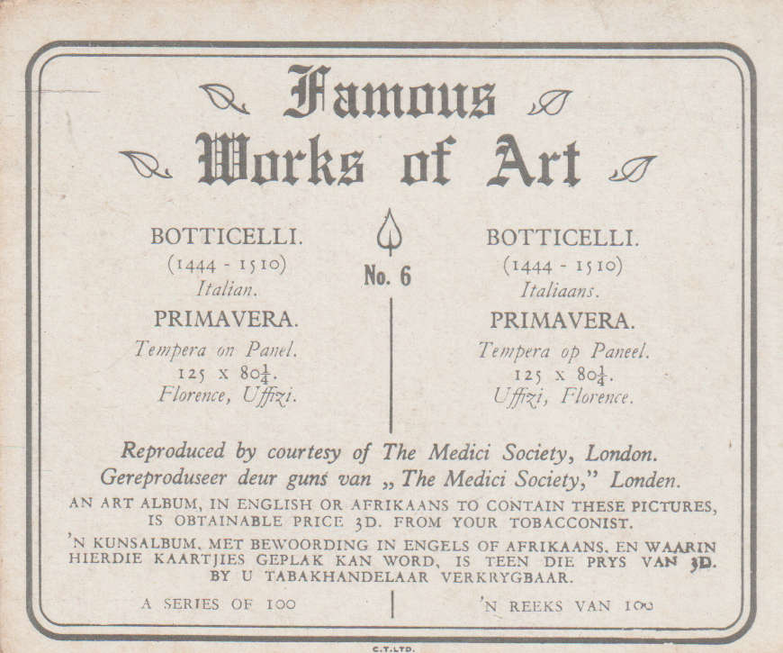 CIGARETTE CARD FAMOUS WORKS OF ART NO 6