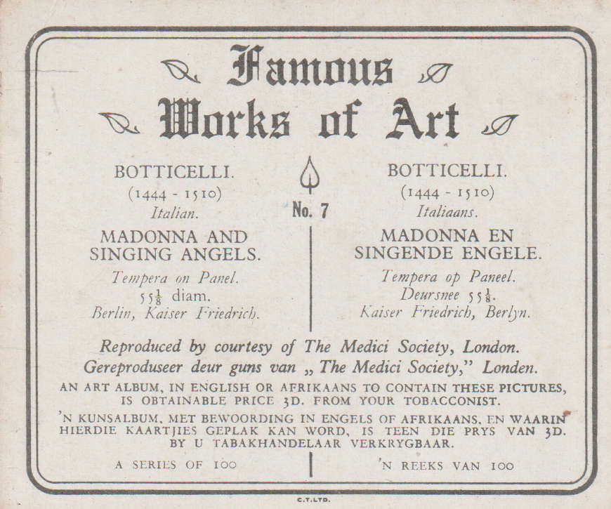 CIGARETTE CARD FAMOUS WORKS OF ART NO 7