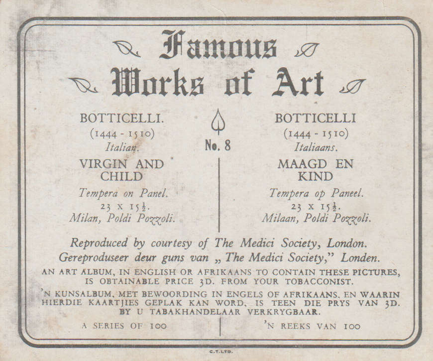 CIGARETTE CARD FAMOUS WORKS OF ART NO 8