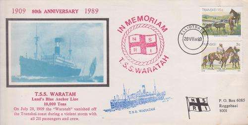 RSA NSRI FDC 1989 IN MEMORIUM T.S.S. WARATAH LOST ON 28 JULY 1909 HAS MARKS ON