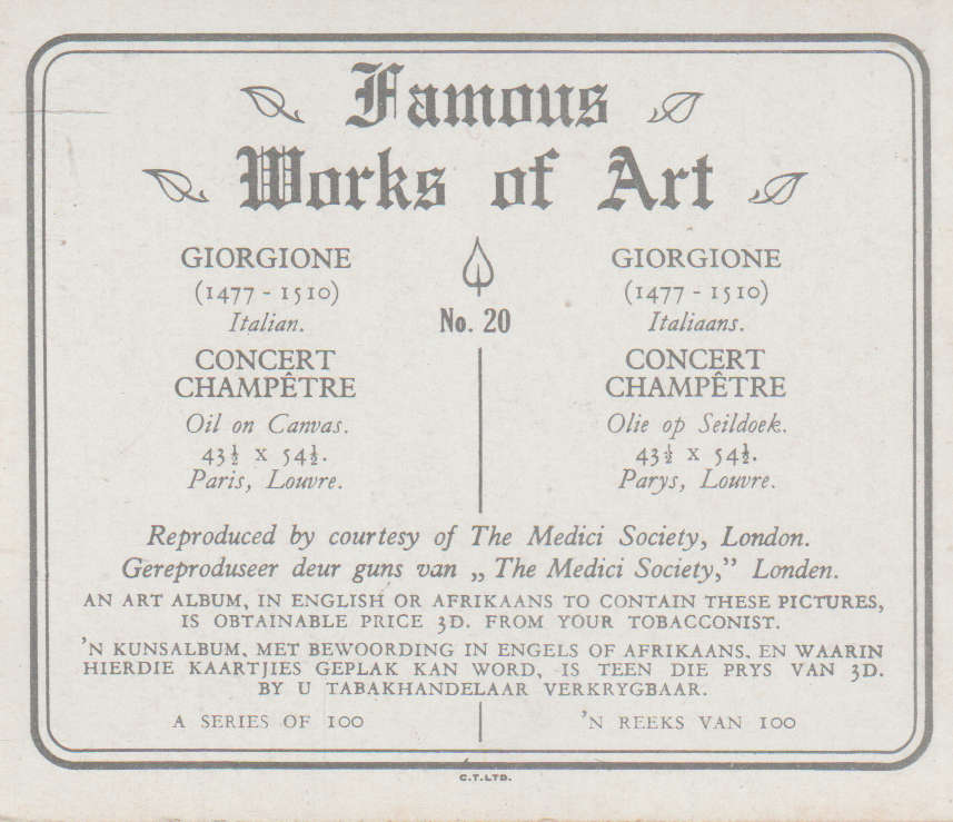 CIGARETTE CARD FAMOUS WORKS OF ART NO 20