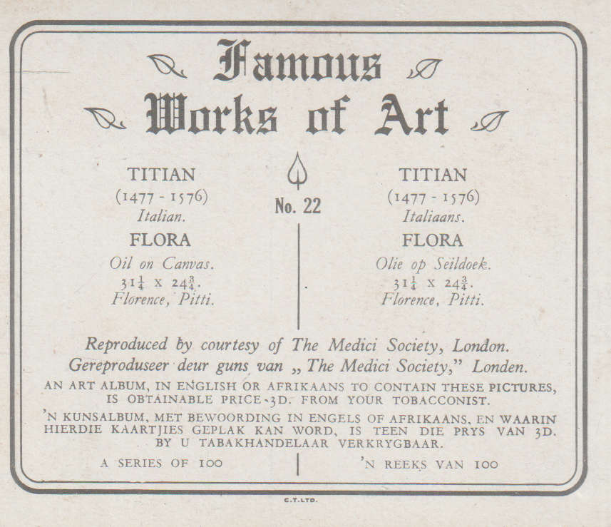 CIGARETTE CARD FAMOUS WORKS OF ART NO 22