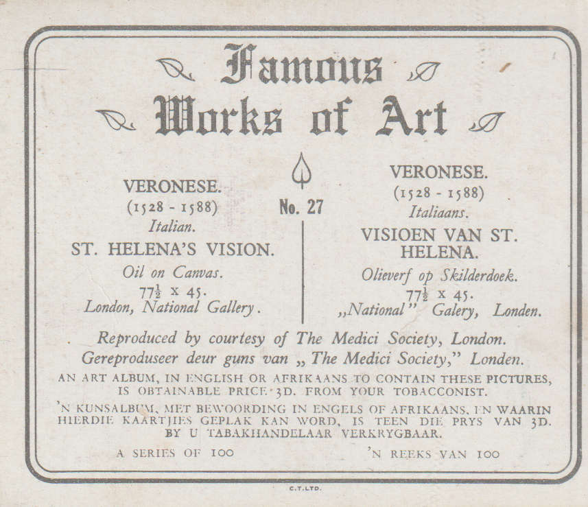 CIGARETTE CARD FAMOUS WORKS OF ART NO 27
