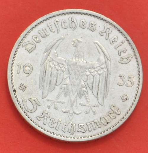 DEUTSCHES REICH 5 REICHSMARK 1935 A CHURCH & SWASTIKAS German 90% Silver Coin - getting scare now