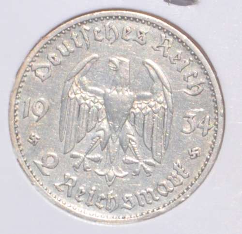DEUTSCHES REICH  2 SILVER REICHSMARK 1934 D Church with Date 62.5% Ag - top numismatic investment