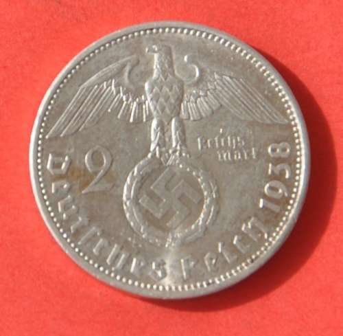 DEUTSCHES REICH - 2 REICHSMARK 1938 A German 62.5% Silver aUNC Coin rare numismatic collectible