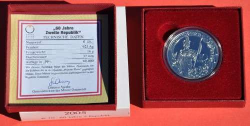 Austria ÖSTERREICH 10 Silver Euro 2005 - 60 Jahre 2. Republik - PROOF WITH CERTIFICATE