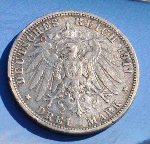 DEUTSCHES REICH 3 MARK 1911 A PRUSSIA Rare German 90% Silver Coin in collectible preservation