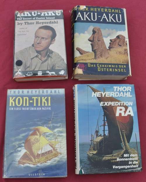 4x THOR HEYERDAHL books on discoveries, hard cover & original dust wrappers, English & German