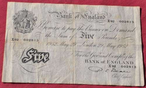 ENGLAND (P.S. Beale) 5 Pounds 1952 - ***VF*** - VERY RARE BANKNOTE