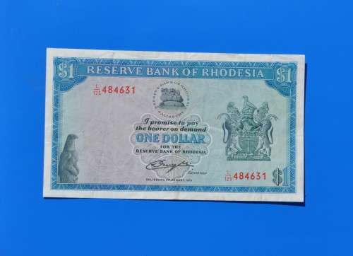 RHODESIA 1 Dollar August 1979, prefix L/125, Watermark Zim Bird ***EF***