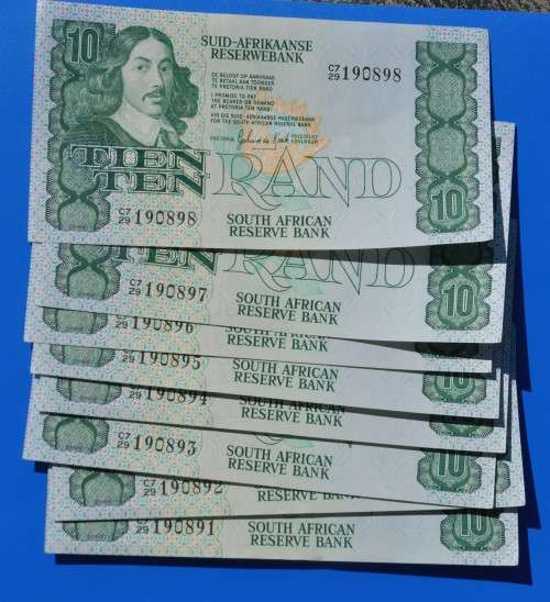 Eight 10 Rand 1982 IN SEQUENCE, prefix C7, A/E, GPC de Kock - 2nd issue - ***AU*** bid per note