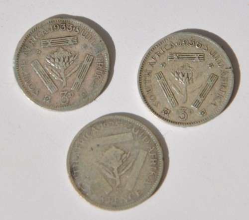 3x Tickey 1925 1933 1936 3d 80% Silver -  numismatic opportunity - real South African collectibles
