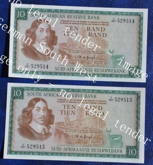 R10 1975, prefix C487, E/A, TW de Jongh, 3rd issue ***UNC*** 2 consecutive notes