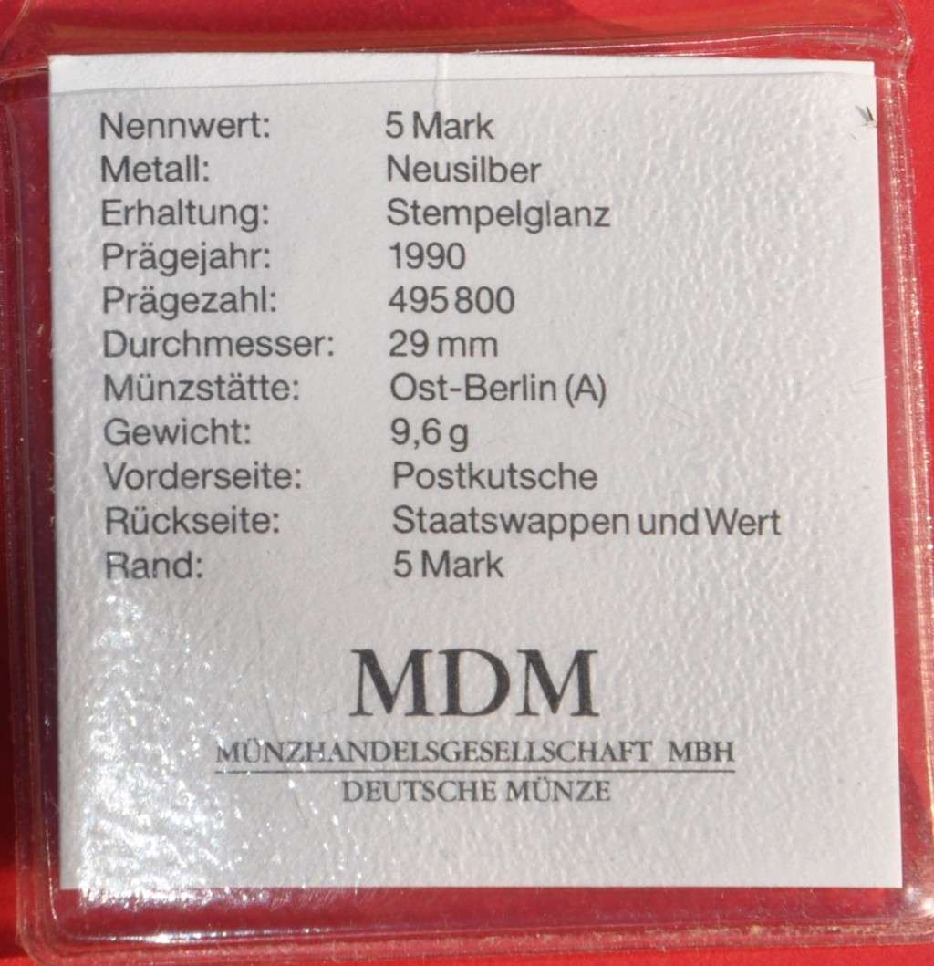 GERMANY (DDR) 5 Mark 1990 (Postwesen) - **BUNC WITH CERTIFICATE**