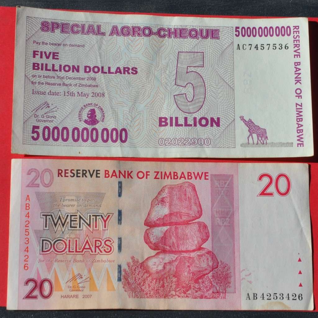 ZIMBABWE Special Agro-Cheque 5 Billion 2008 Dollars and $20 2007 - in collectible condition