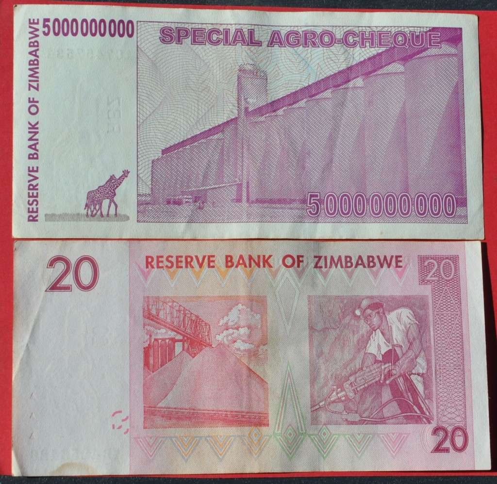 ZIMBABWE Special Agro-Cheque 5 Billion 2008 Dollars and $20 2007 - in collectible condition