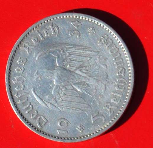 DEUTSCHES REICH 5 REICHSMARK 1934 A CHURCH Rare German 90% Silver Coin in excellent condition