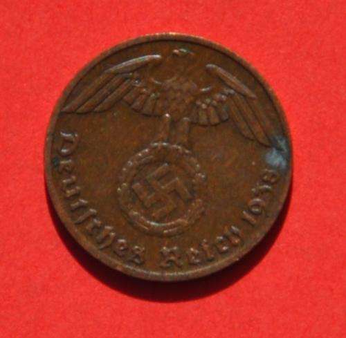 DEUTSCHES REICH 1 REICHSPFENNIG 1938 F Rare German 95% Copper Coin ORIGINAL THIRD REICH COLLECTIBLE